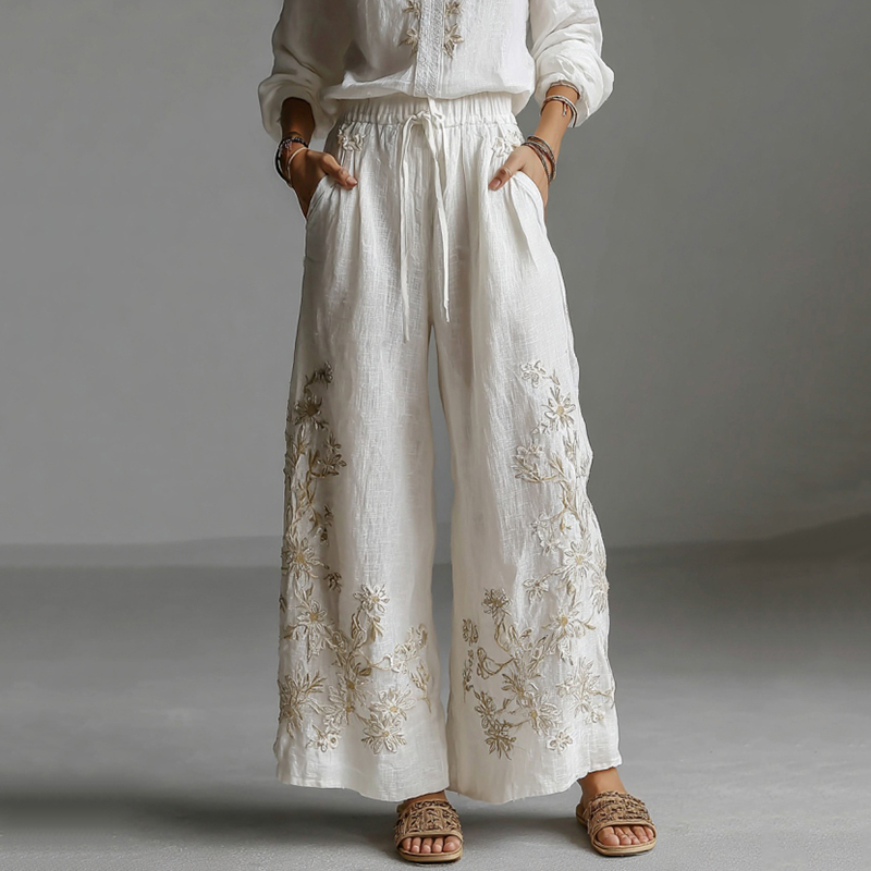 Japanese Floral Art Embroidered Casual Linen Pants elevenforest