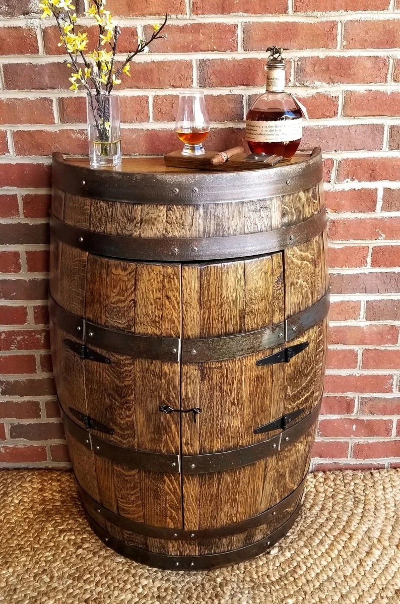 Half whiskey barrel discount cabinet