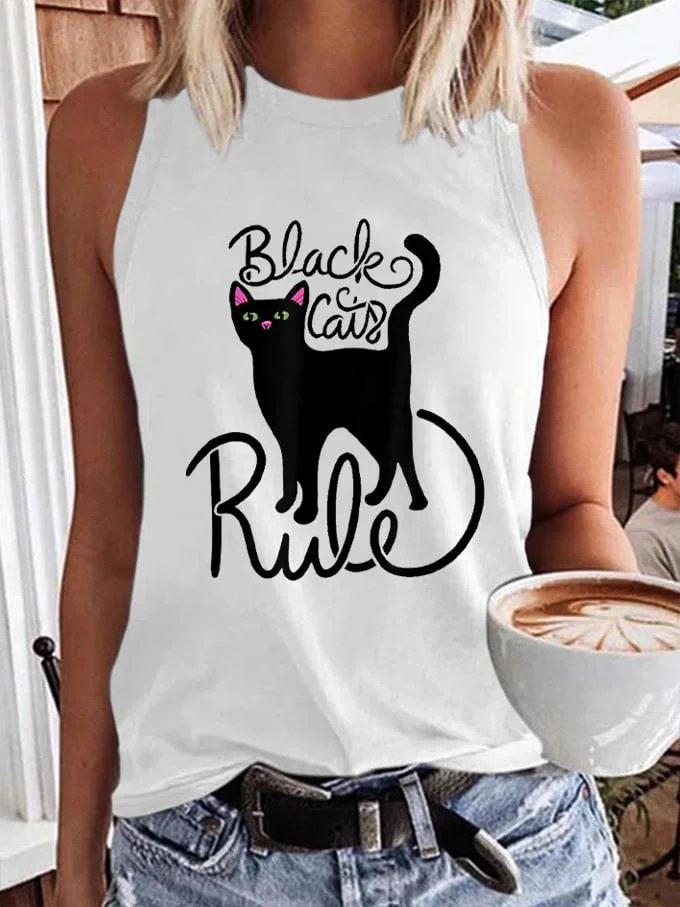 Women's Black Cat Print Tank Top