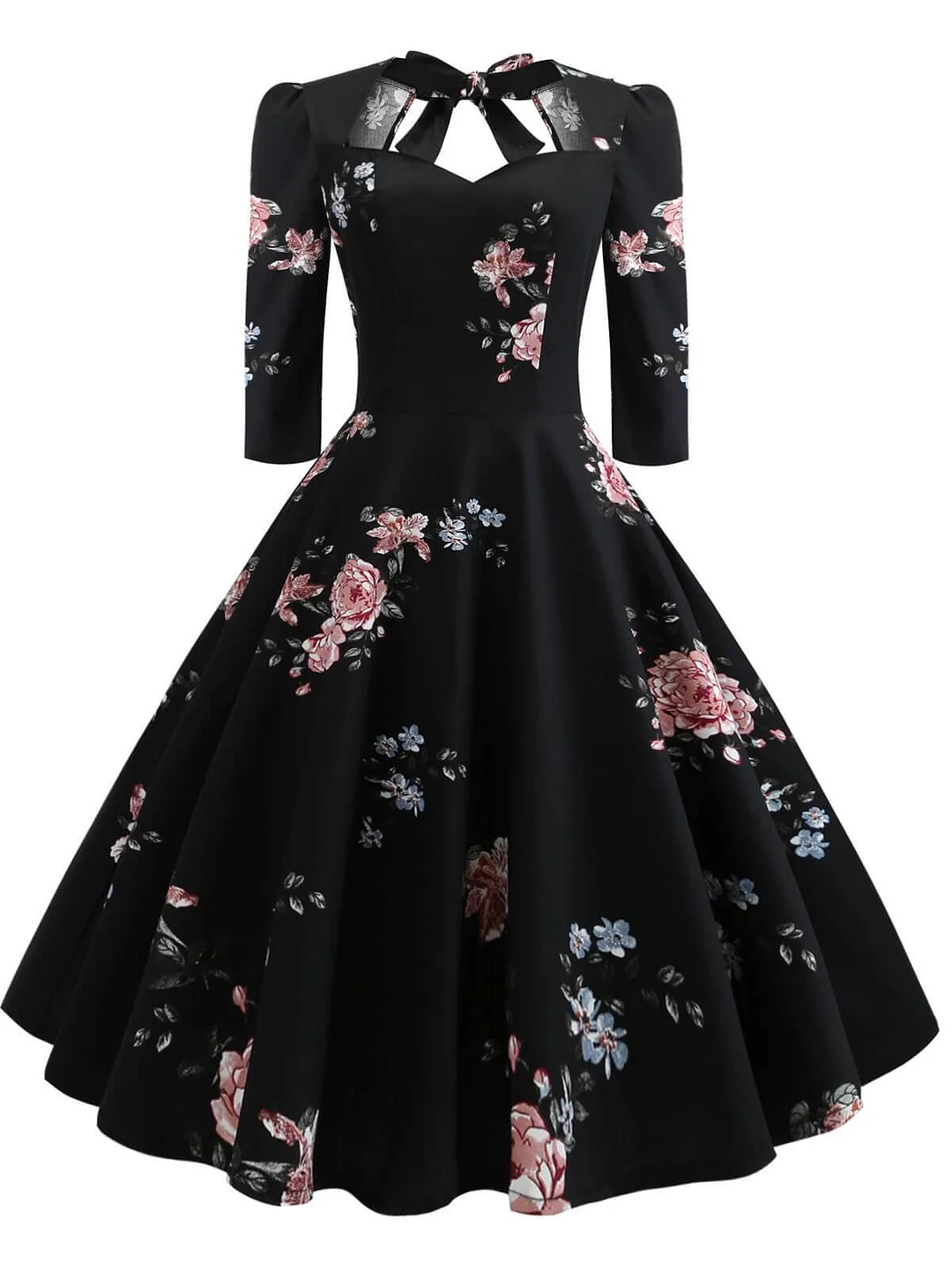 1950s Floral Lace Up Swing Dress