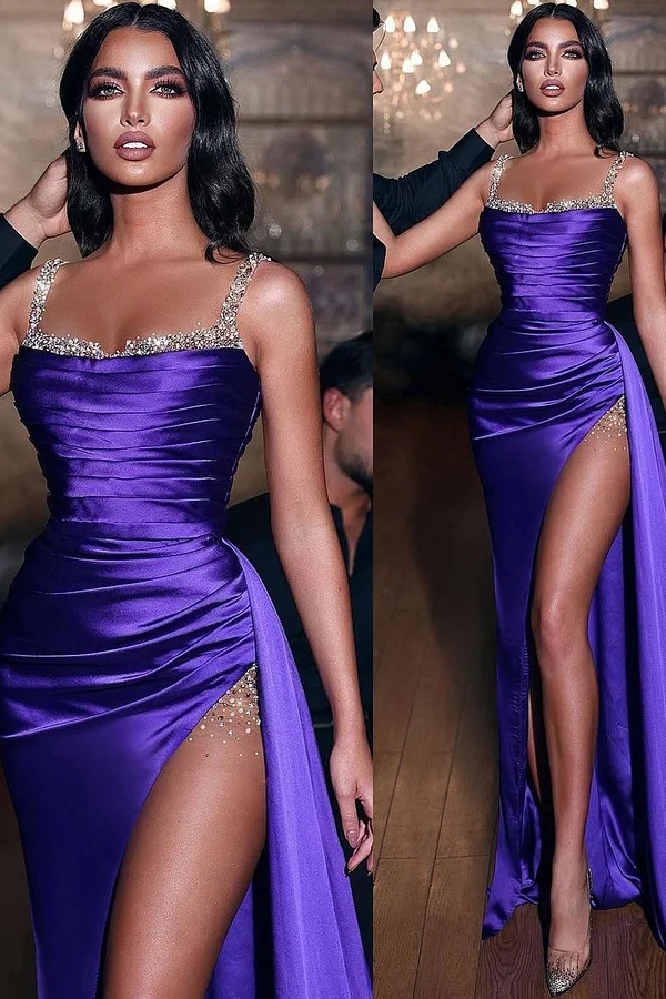 Daisda Purple Sleeveless Spaghetti Strap Beads Mermaid Prom Dress