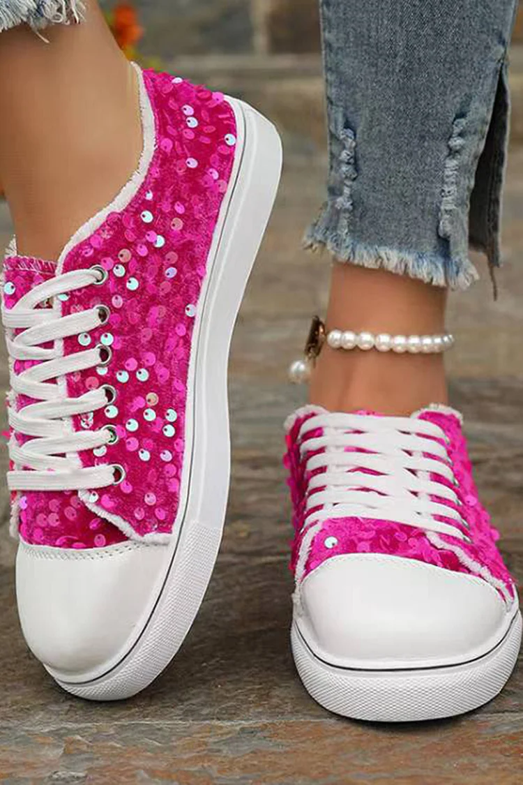 Daily Red Flat Bottom Lace Up Sequin Casual Shoes 2024 - Xpluswear