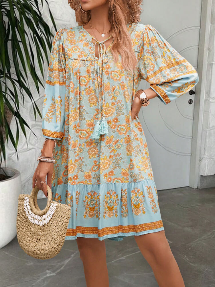 Blue Daze Boho Floral Print Long Sleeve Mini Dress