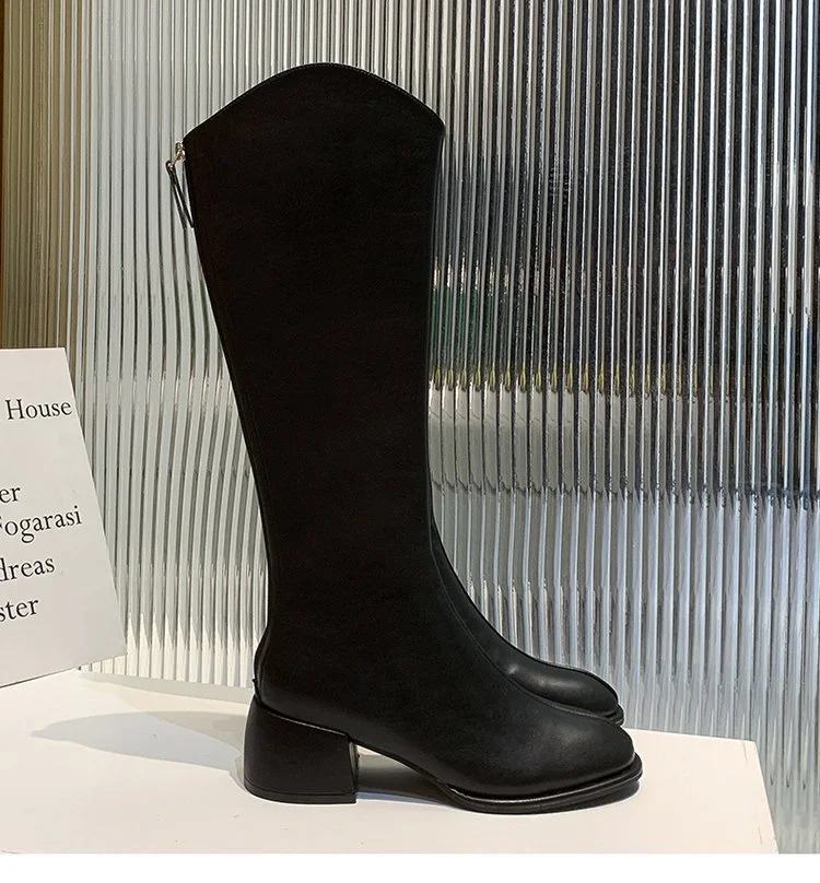 Churchf Churchf New Long Leather Boots Female Fairy Wind Casual 43 Plus Size High Heel Knight Boots Korean Version Of Leather Face High Boots Women