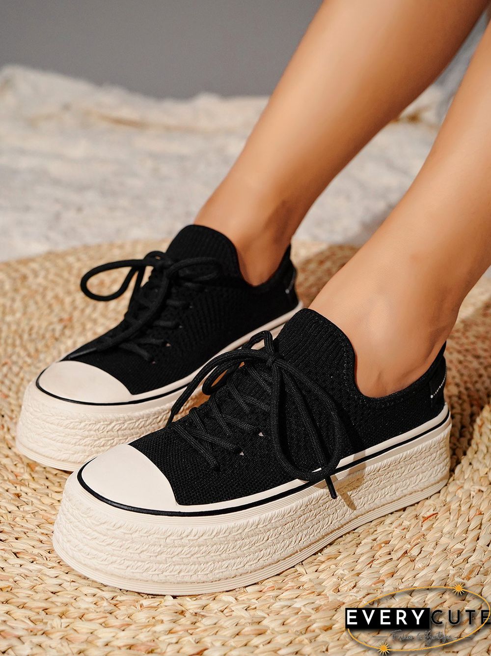 Fashionable Lightweight Breathable Lace-Up Platform Flyknit Casual Shoes