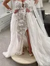 Lace Applique Wedding Dress 3D Flower Embroidered Bridal Gown Unique Long Mesh Sleeve Long Sweep Train Sexy High Slit Robe