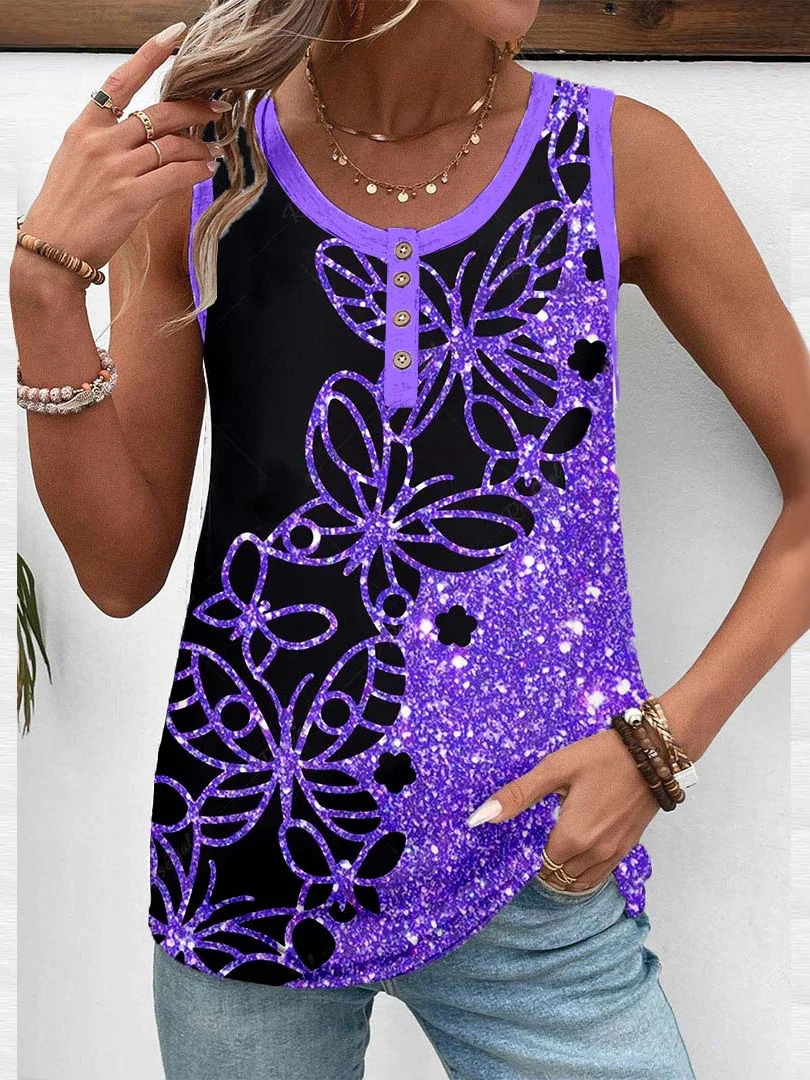 Women Sleeveless Scoop Neck Butterfly Printed Graphic Button Tops