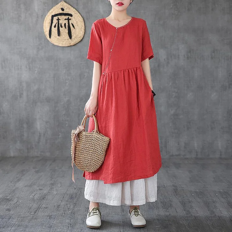Bohemian o neck pockets linen clothes For Women Neckline red Dresses