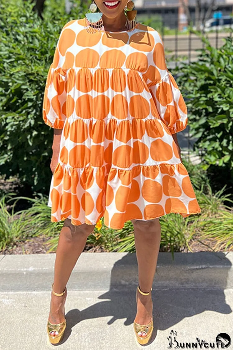 Orange Casual Sweet Print Patchwork O Neck A Line Dresses