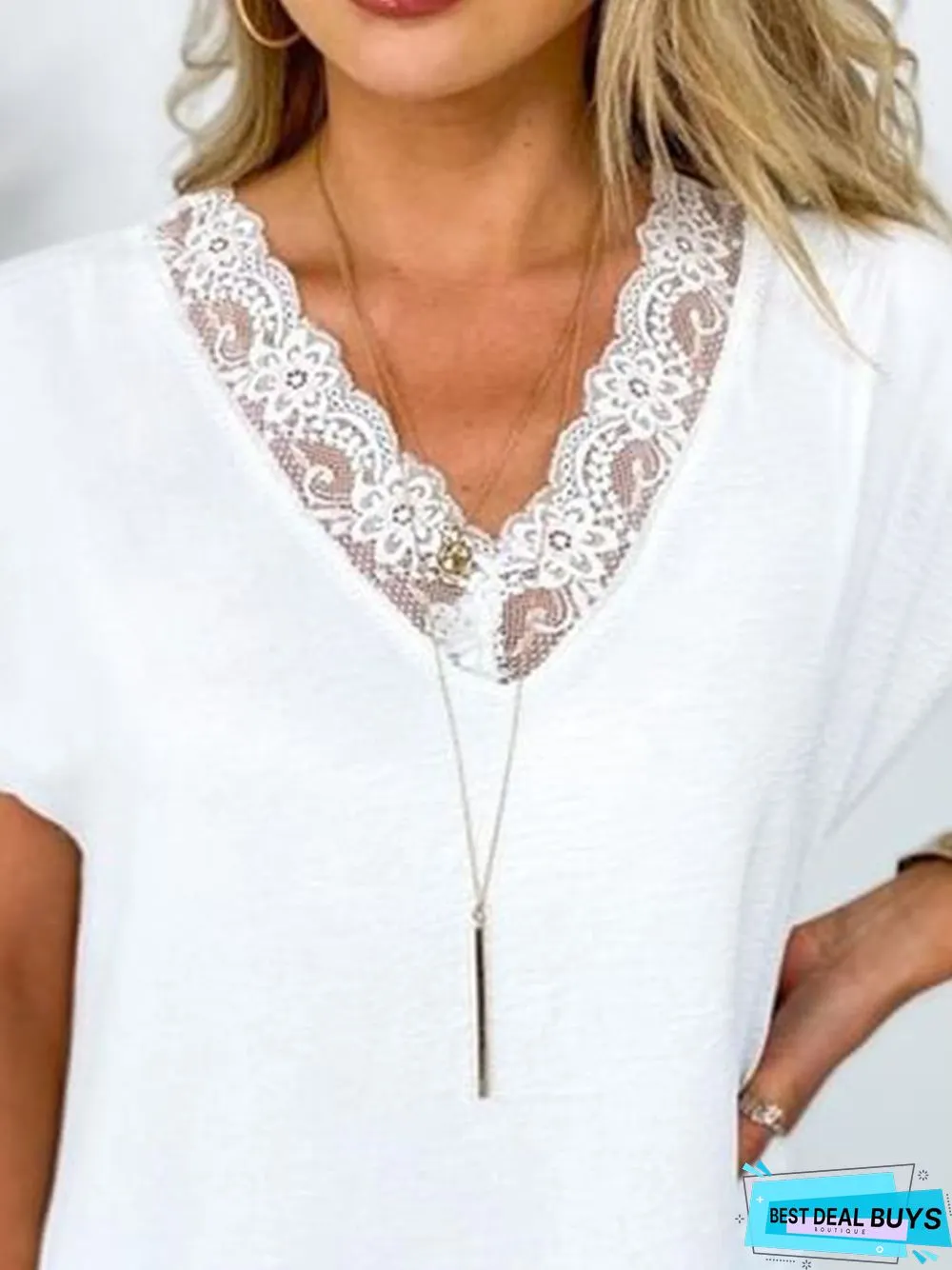 Plain Lace Short Sleeve V Neck Casual T-Shirt
