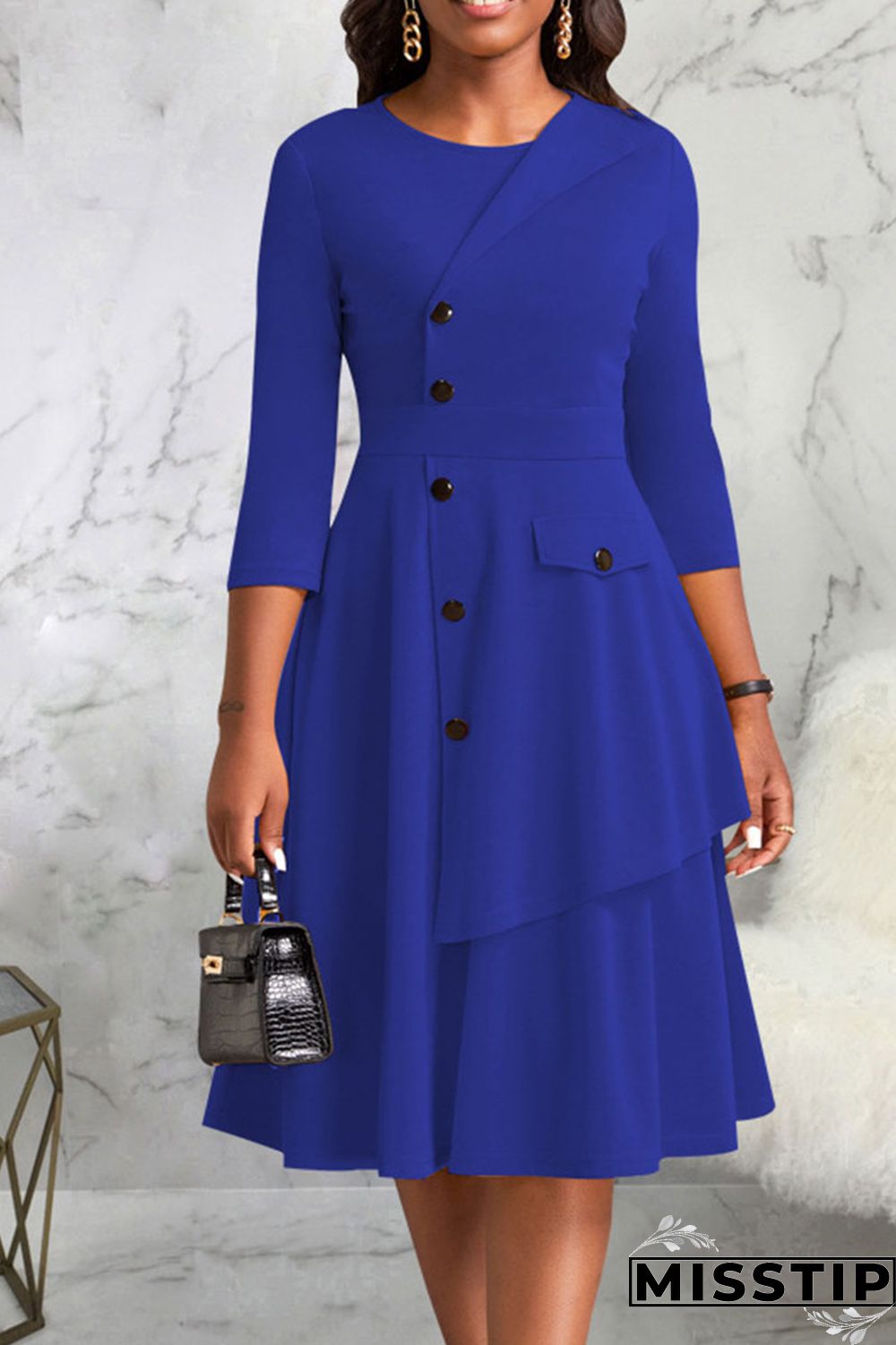 Black Casual Solid Patchwork Buttons O Neck A Line Dresses