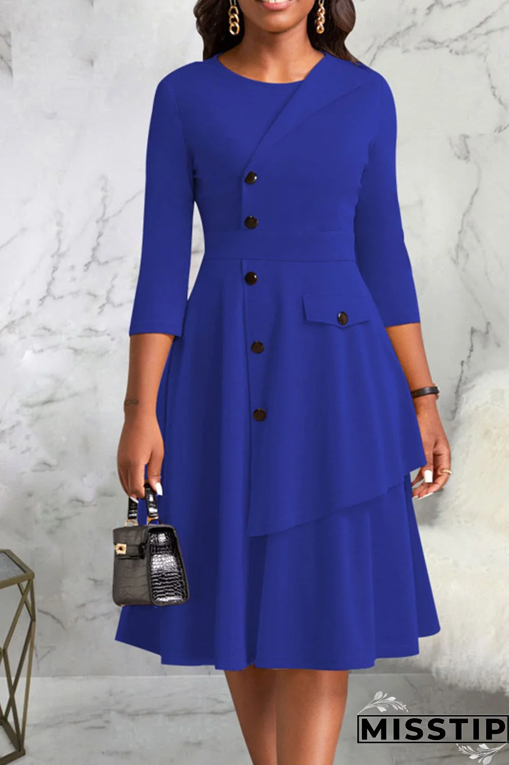 Black Casual Solid Patchwork Buttons O Neck A Line Dresses