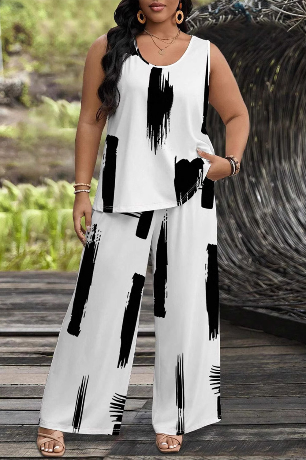 Plus Size Everyday White Striped Print Sleeveless Wide Leg Two Piece Pant Suit 2024 - Flycurvy 