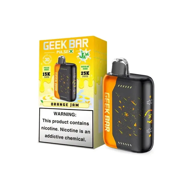 Black and orange Geek Bar Pulse X 25K Jam Edition disposable vape, orange jam flavor, with packaging.
