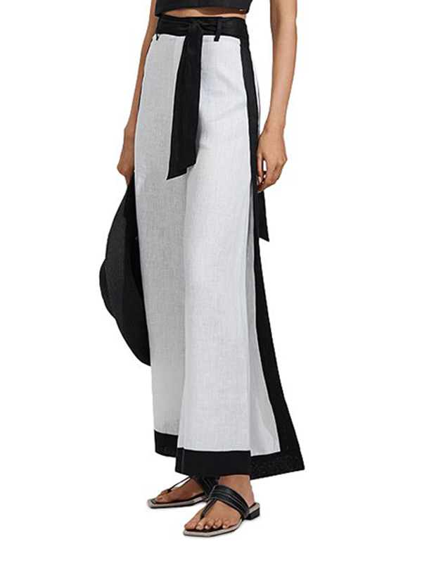 Side Split Striped Colorblock Linen Wide Leg Pant