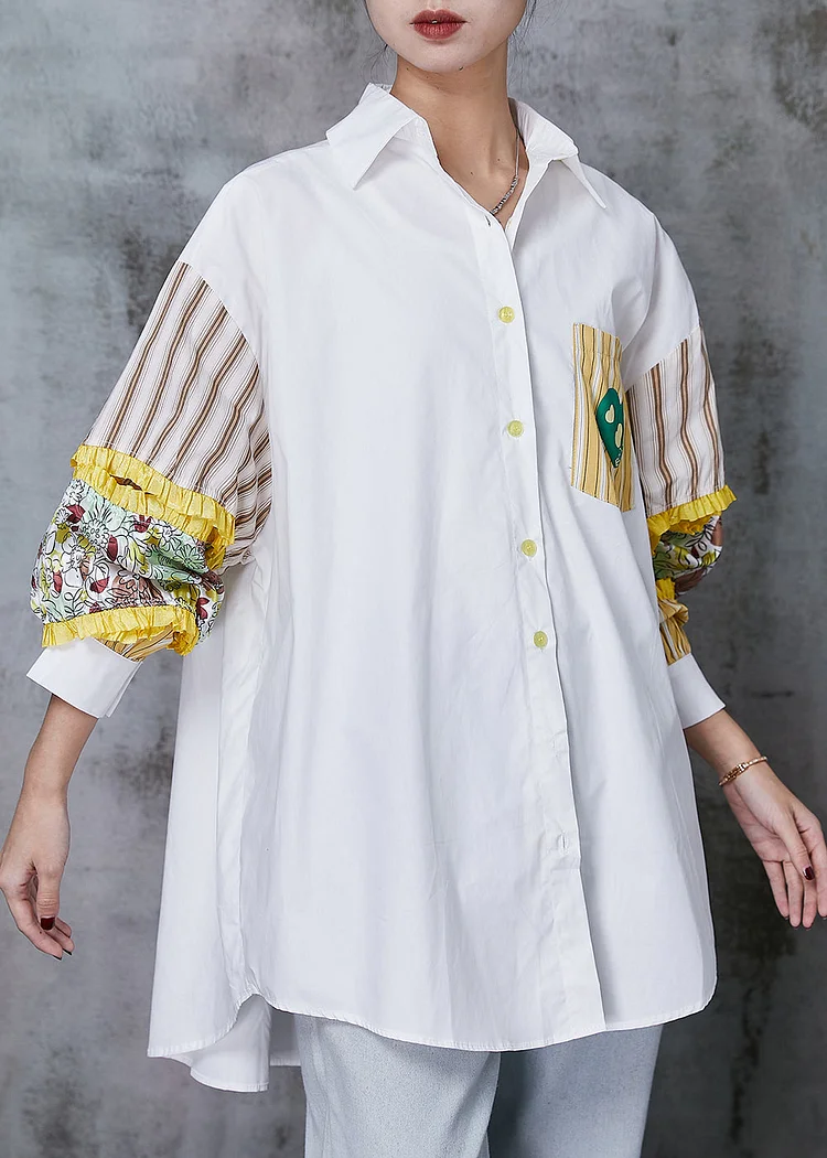 French White Ruffled Patchwork Cotton Blouse Tops Spring