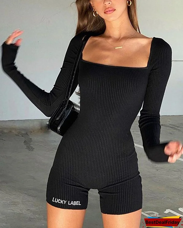Long-sleeved Square-collar Backless Romper