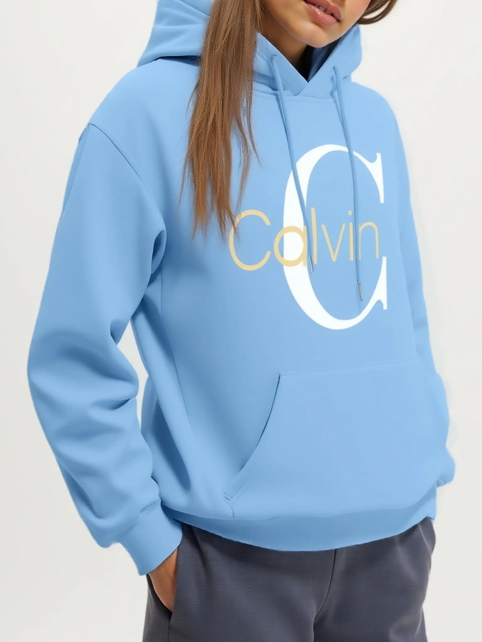 Womens Casual Hooded Sweatshirt With Letter Print Light Blue Long Sleeve Round-neck