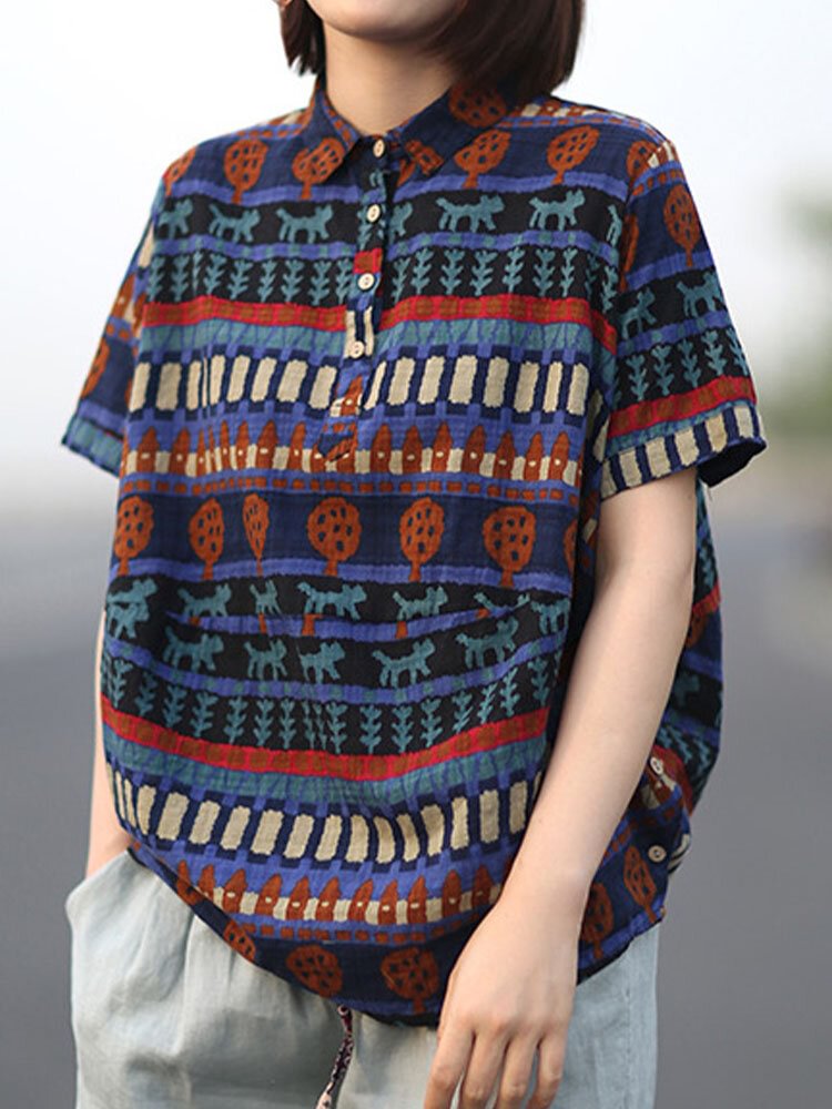 Cartoon Print Lapel Short Sleeve Loose Button Vintage Blouse P1857554