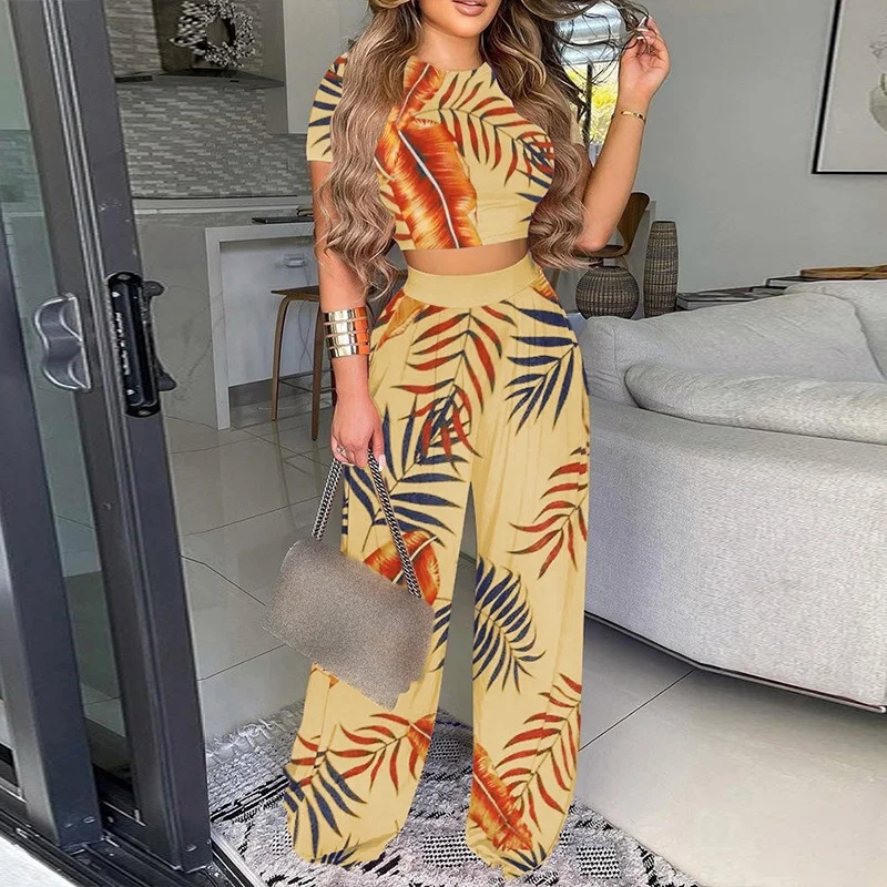 Uveng Uveng 2024 New Women's Fashion Commuter Short T-Shirt With Waist Print Wide-Leg Pants Fashion Suit 661