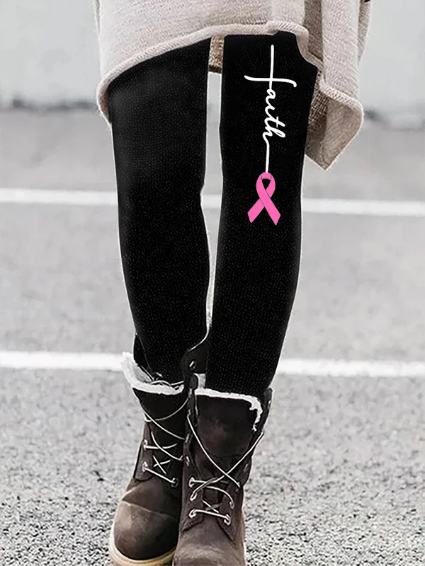 Faith Cancer Ribbon Print Casual Leggings