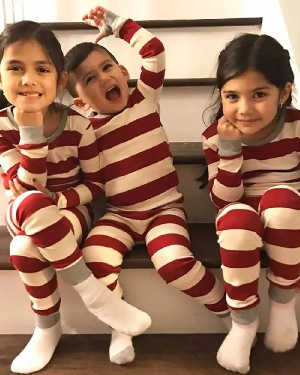 Red White plaid print Christmas family pajamas