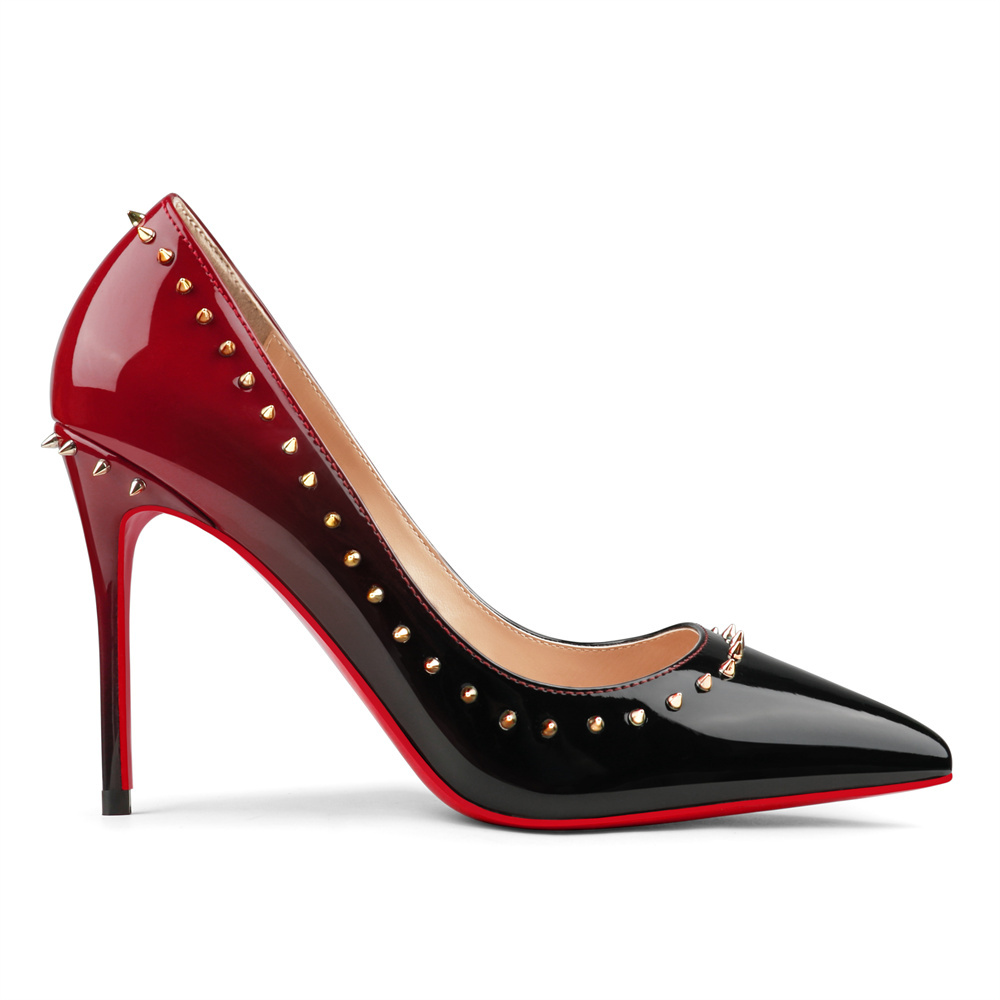 100mm Women's Red Bottom Pointed Toe Rivet Gradient High Heels Party Daily Wedding Patent Pumps-MERUMOTE