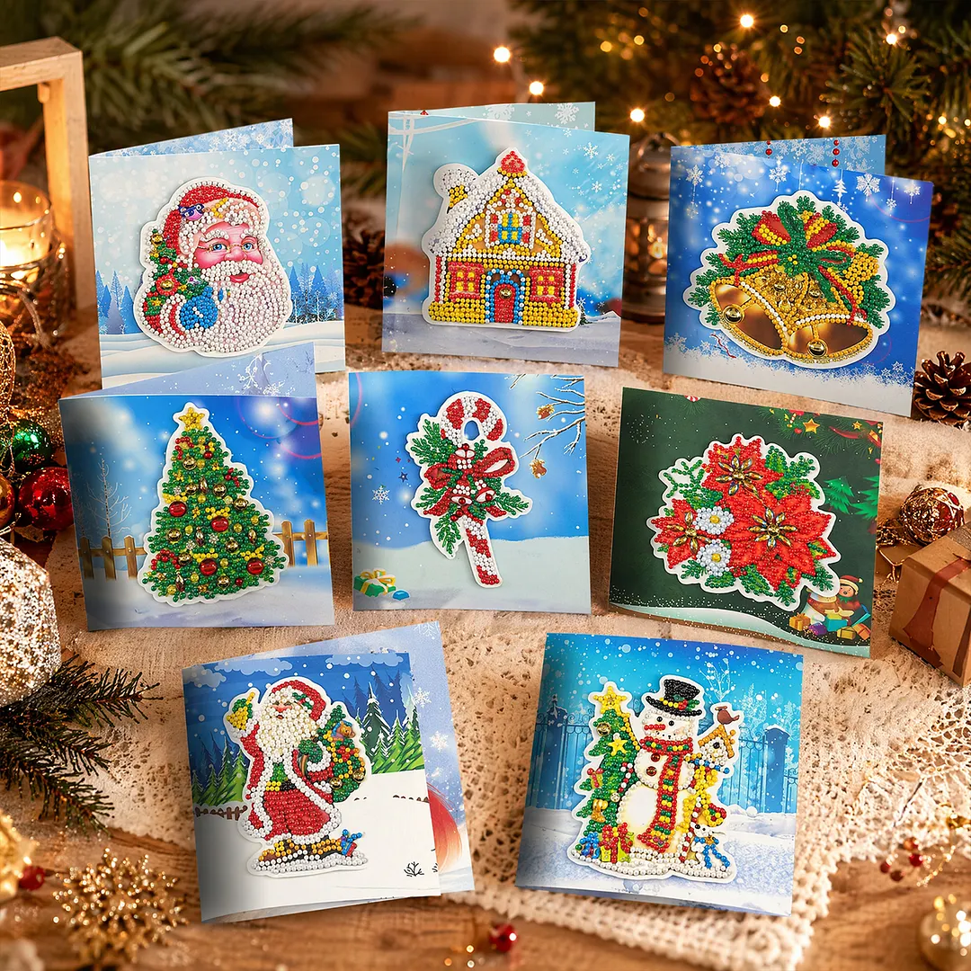 8PCS Winter Christmas DIY Diamond Painting Greeting Card Kits with Envelopes Diamond Art Greeting Cards Diamond Art Cards Kits for Adults DIY Crafts Family Friend Gifts