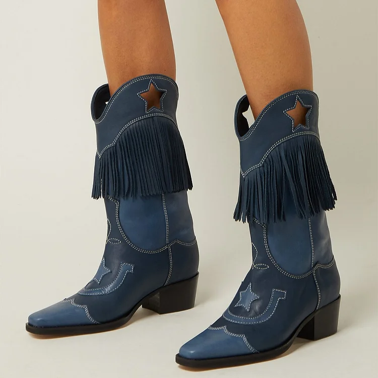 Navy Embroider Fringe Cowgirl Boots Block Heel Mid Calf Boots |FSJ Shoes