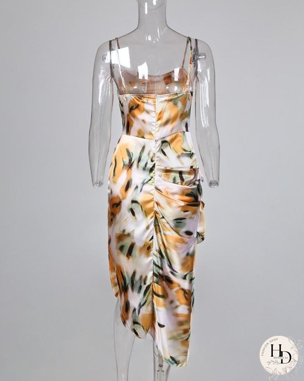 Abstract Print Spaghetti Strap High Slit Ruched Dress P10027