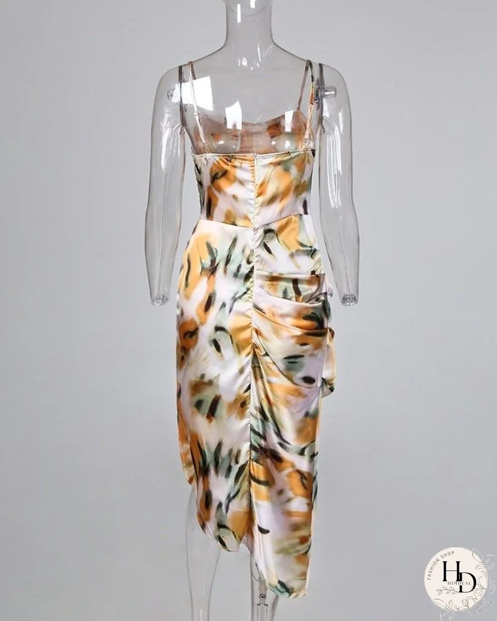 Abstract Print Spaghetti Strap High Slit Ruched Dress P10027