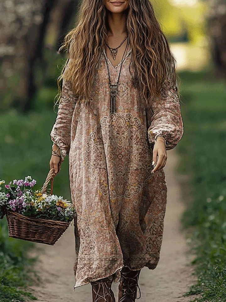 Women's Retro Ethnic Style Patchwork Pattern Art Print Pocket Cotton V-Neck Long Sleeve Dress