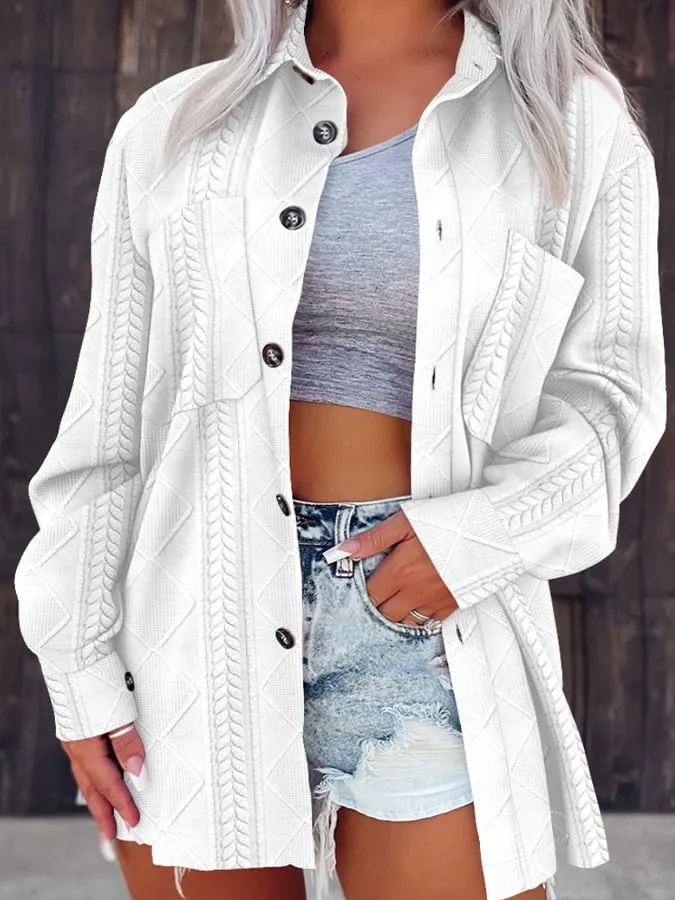 Women's Lapel Solid Color Button Pattern Knitted Jacket 