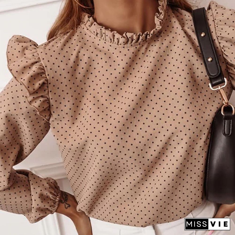 Women Autumn Long Sleeve V-Neck Pullover Tops Polka Dot Ruffle Blouse Shirts
