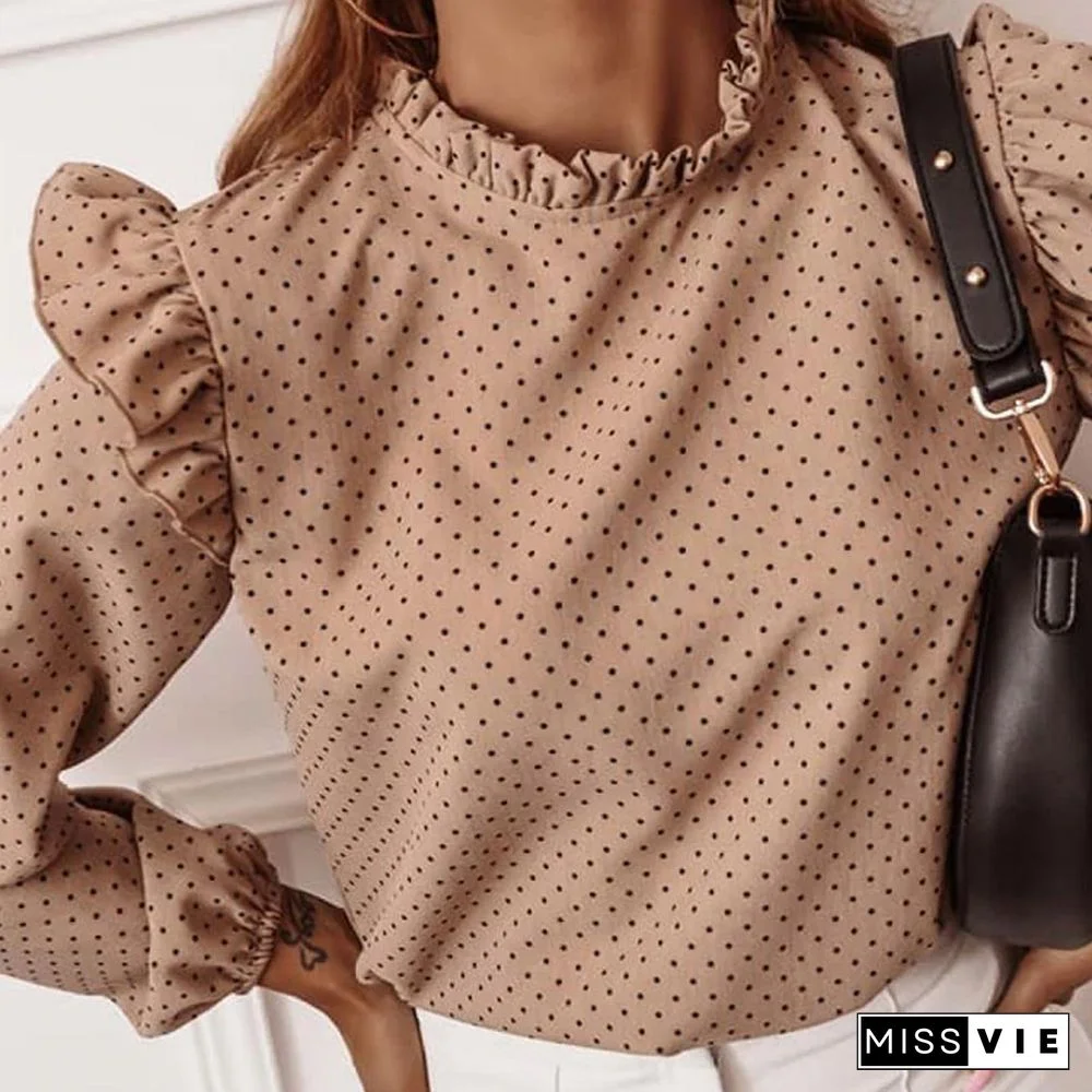 Women Autumn Long Sleeve V-Neck Pullover Tops Polka Dot Ruffle Blouse Shirts
