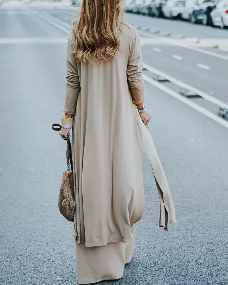 Solid Color Cardigan & V-Neck Sling Top & Casual Trousers Three Piece Set