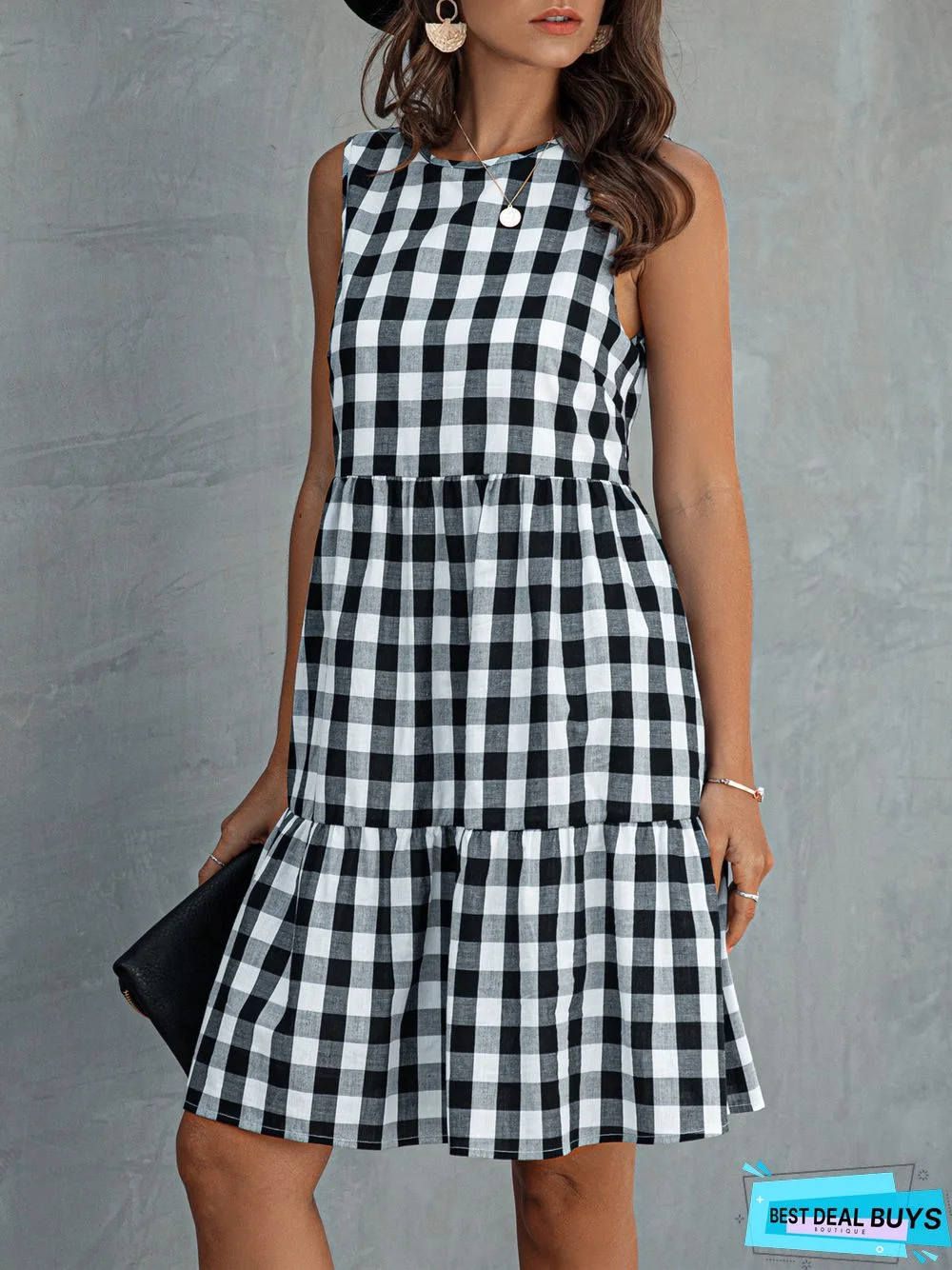 Fashion Round Neck Plaid Loose Female Plaid Dress Cake Skirt