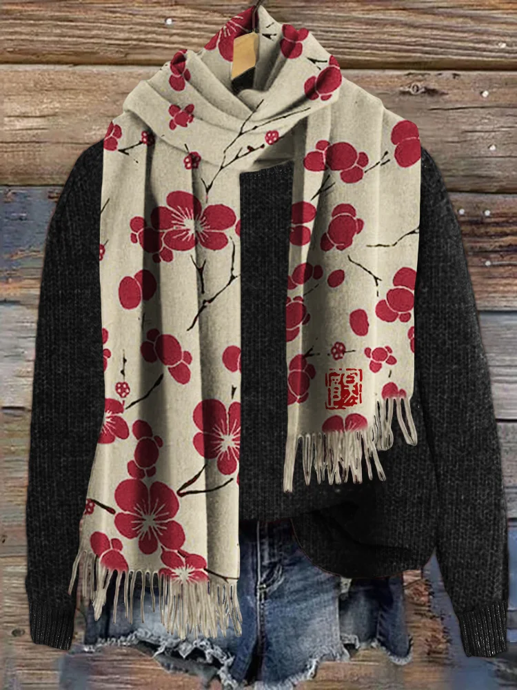Cherry Blossom Japanese Lino Art Cozy Tassel Scarf