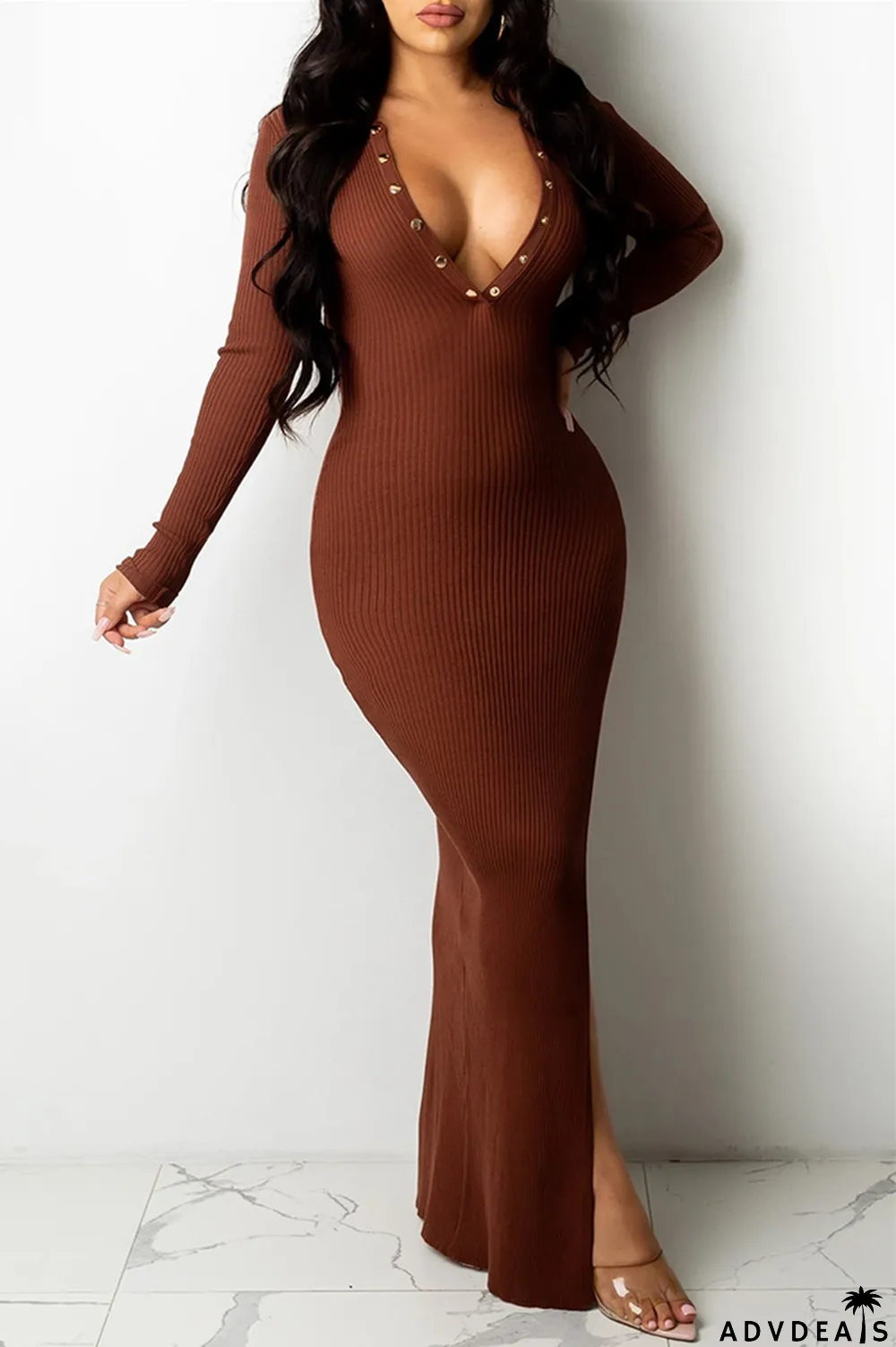 Brown Fashion Sexy Solid Backless V Neck Long Sleeve Dresses