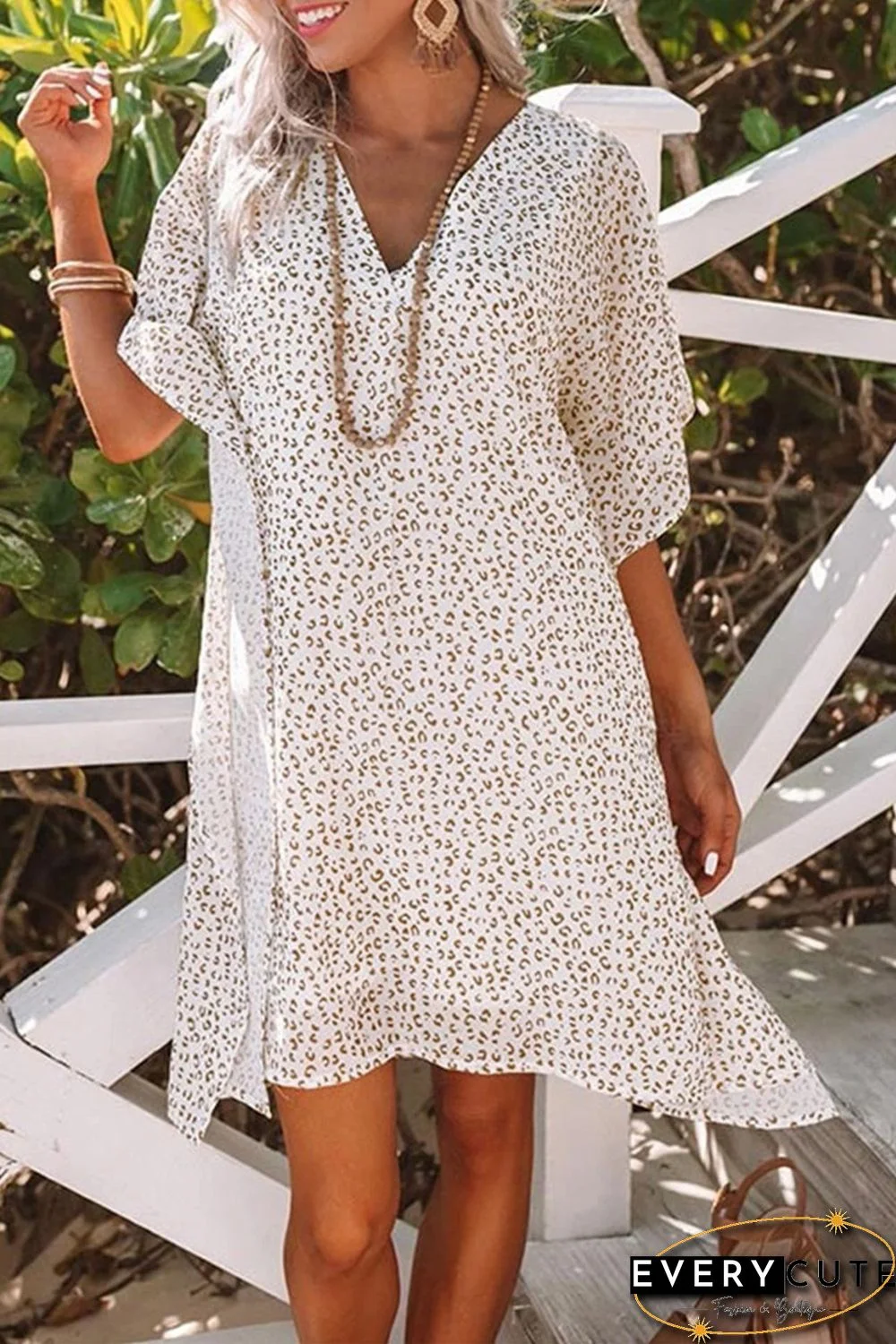 White Loose Fit V Neck Leopard Print Shift Mini Dress