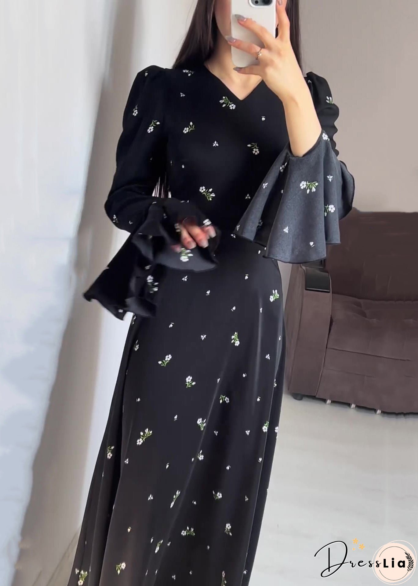 Stylish Black V Neck Print Cotton Maxi Dresses Butterfly Sleeve