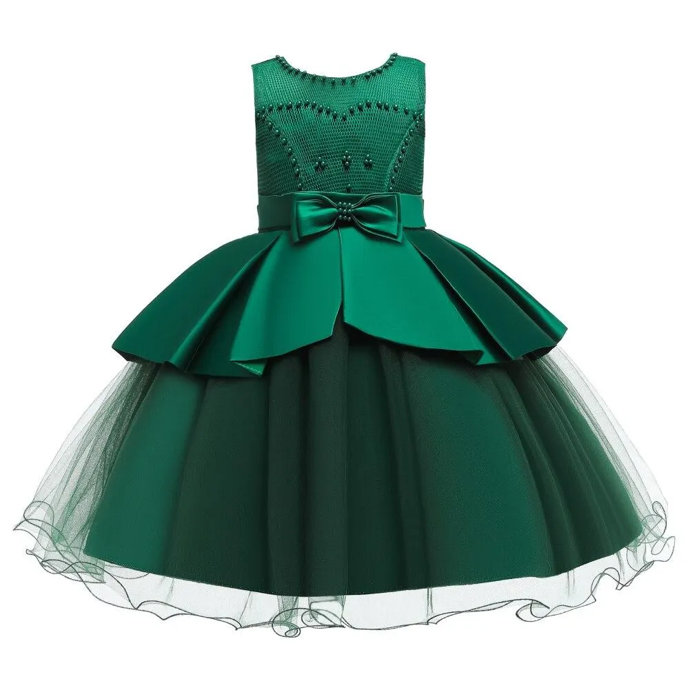 Child Sleeveless Round Neck Girls Tutu Dress For Kids White Lovely Bridesmaid Dress For Girls 2-10 Years Old Knee-Length
