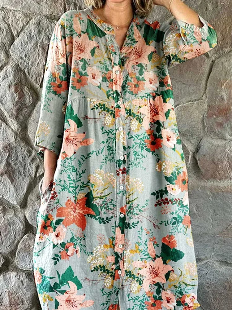 Women's Elegant Floral Pattern Shirt Style Cotton and Linen Dress