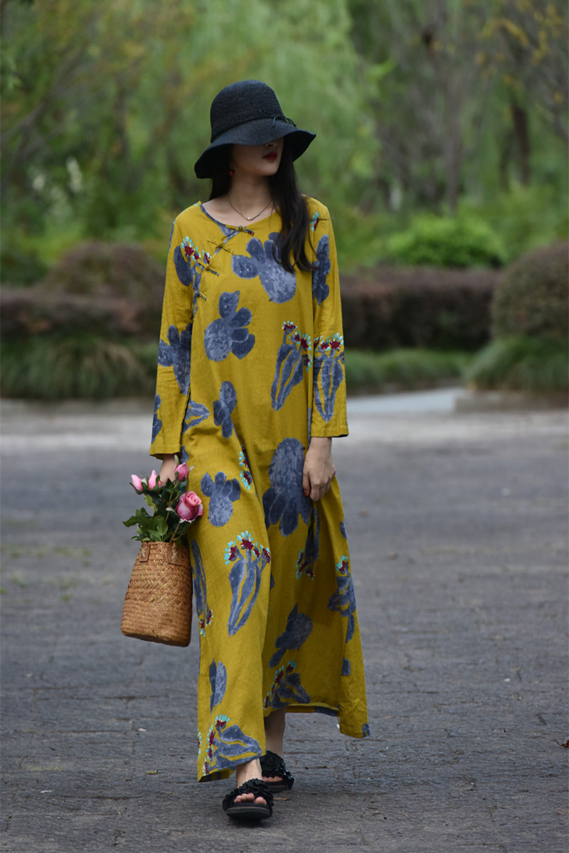 Chrysanthemum Feather Ethnic Sle Long Sleeve Loose Printed Dress Vintage Button up Skirt for Spring Summer Autumn Women's C...