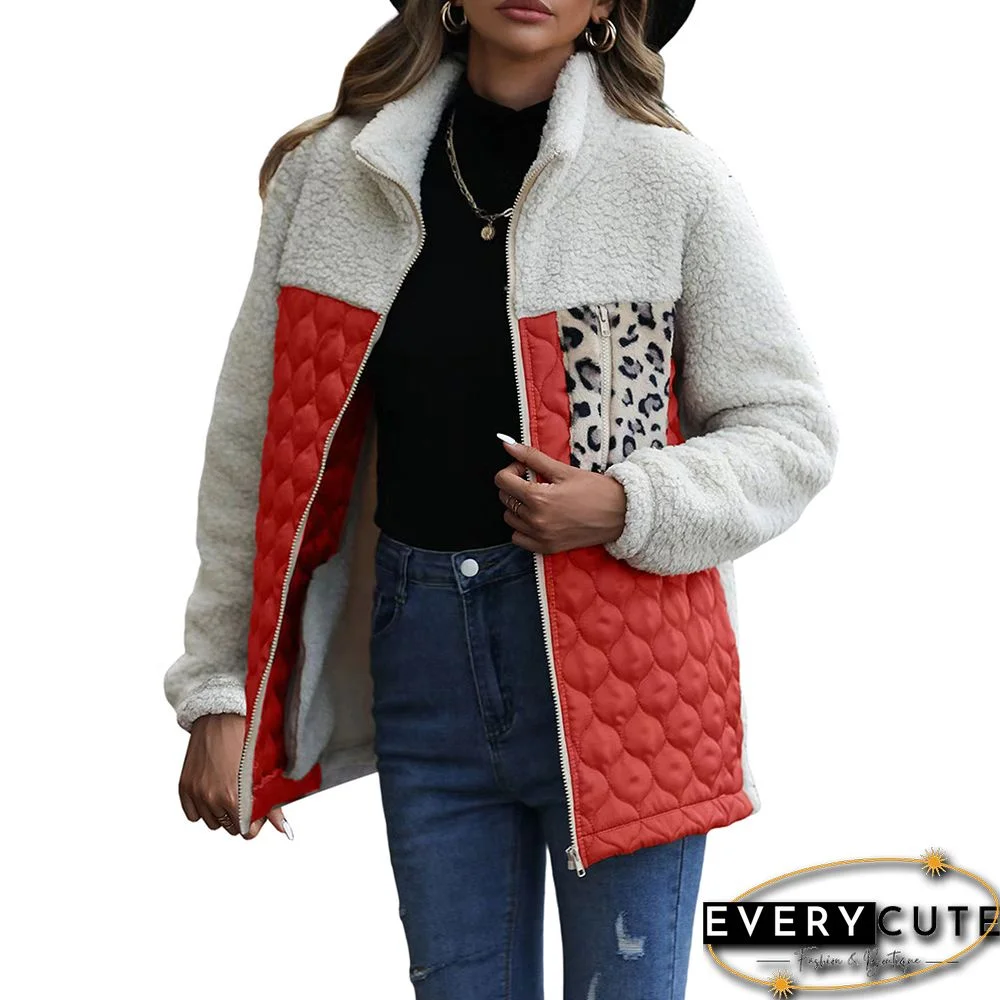 Red Patchwork Leopard Pocket Zipper Plush Coat