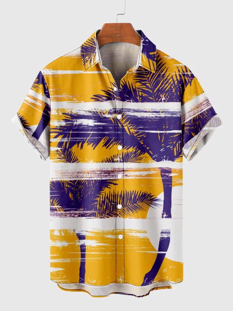 Full-Print Palms Purple & Yellow Coconut Tree Printing Men's Short Sleeve Shirt