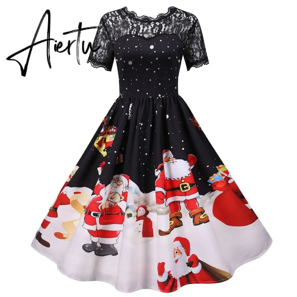 Women Christmas Dress Short Sleeve Lace Sexy Evening Party Dresses Tunic 50s Hepburn Elegant Sundress Aiertu