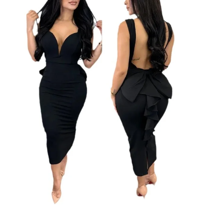 Wongn Wongn Temperament Elegant Solid Color Wrap Hip Dew Back Deep V High Waist Bow Stretch Slit Dress