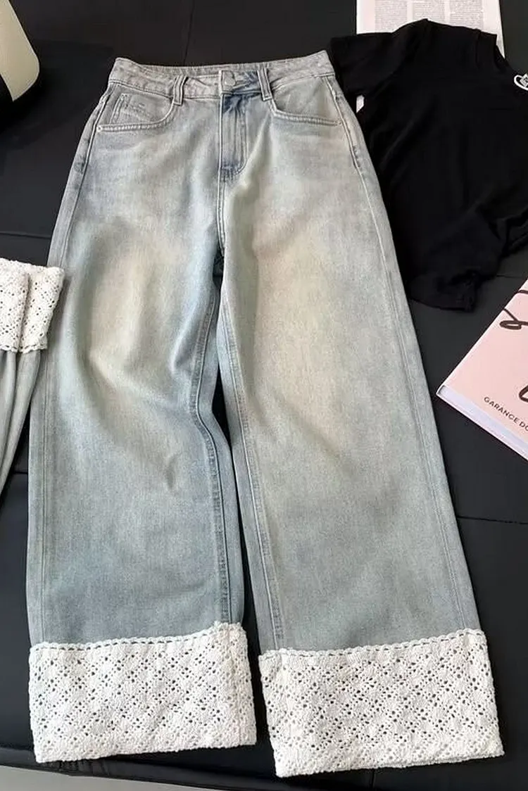 Cuffed Wide Leg Denim Pants for Women Relaxed Fit