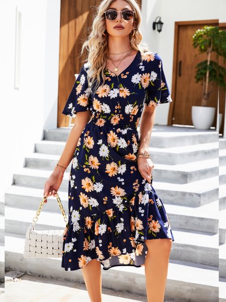 Disty Floral Smocked Elastic Waist Ruffle Hem Dress - BlackFridayBuys